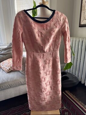 Orla Kiely Pink Floral Textured Long-Sleeve Sheath Dress with Black Trim